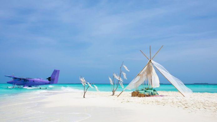 Picnic spots - Nautilus Maldives - Baa Atoll Thiladhoo, Maldives - purple seaplane in the water with a picnic set up on the beach