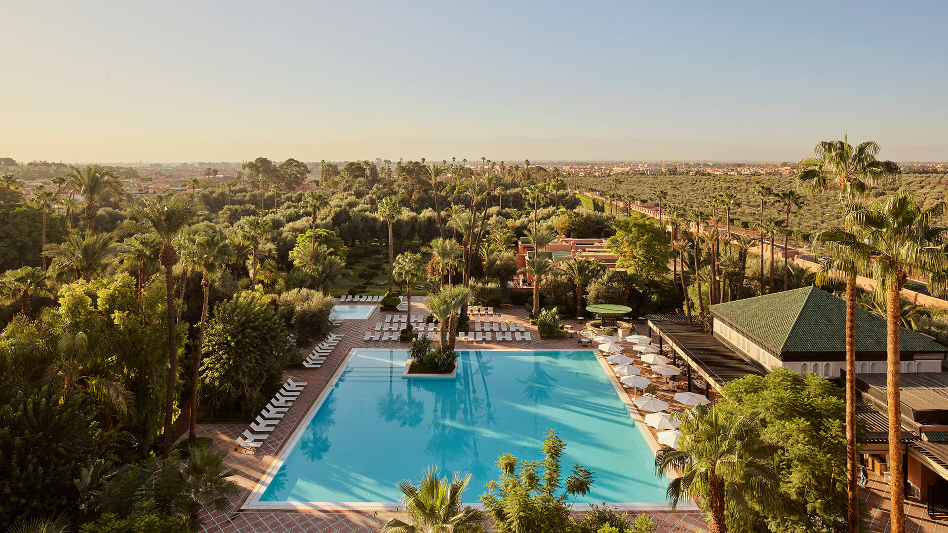 Family Trip to Morocco Travel Diary by Anna Cort | La Mamounia pool and palm-lined luxury hotel grounds