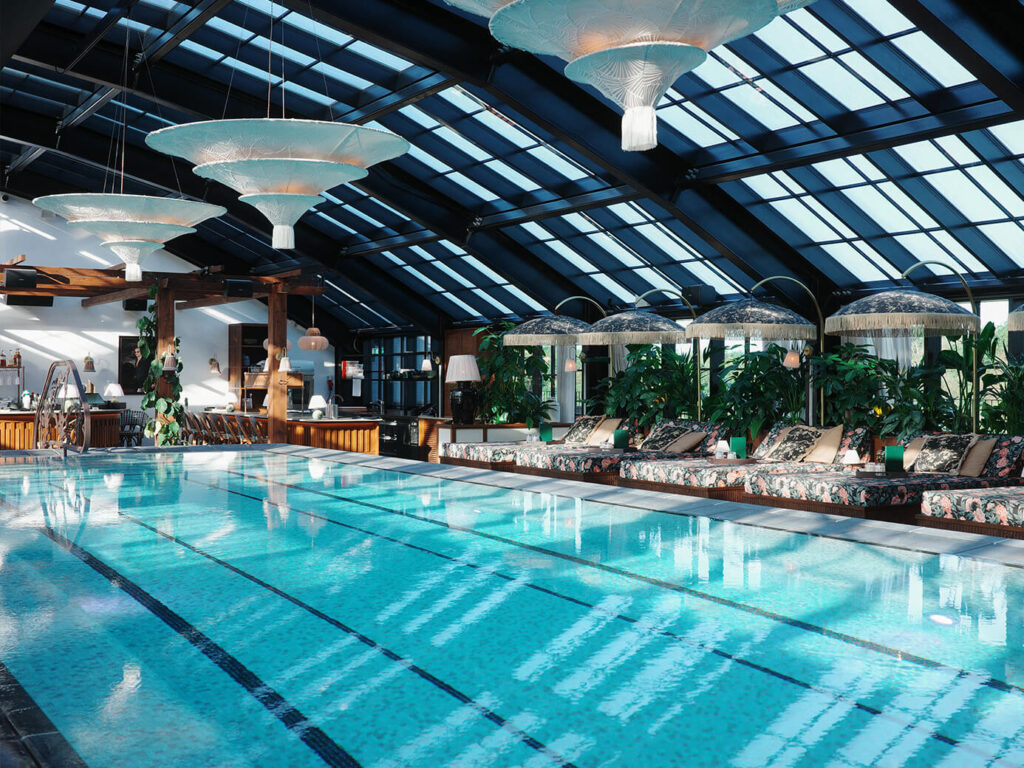 Copenhagen to Berlin Travel Diary | Rox Resort indoor pool with loungers and umbrellas