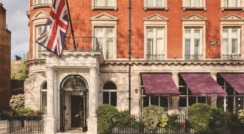Luxury hotels in London - Chelsea - The Cadogan, A Belmond Hotel, London - Exterior of hotel with a Union Jack