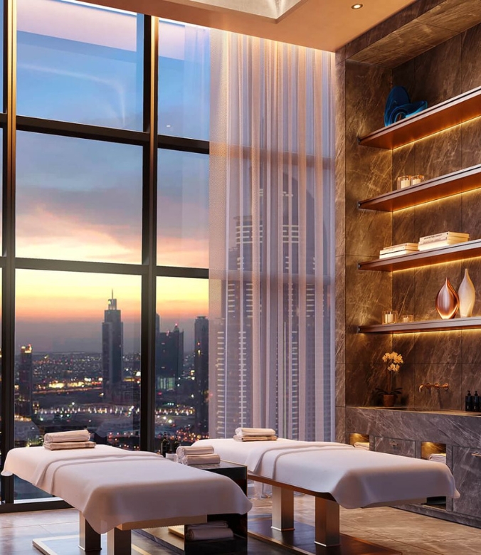 Day trip - Massage tables overlooking floor to ceiling windows at SO/ Uptown Dubai, United Arab Emirates